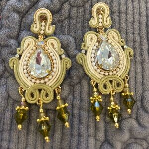 Sage Green, Cream and Gold Statement Earrings-NWT